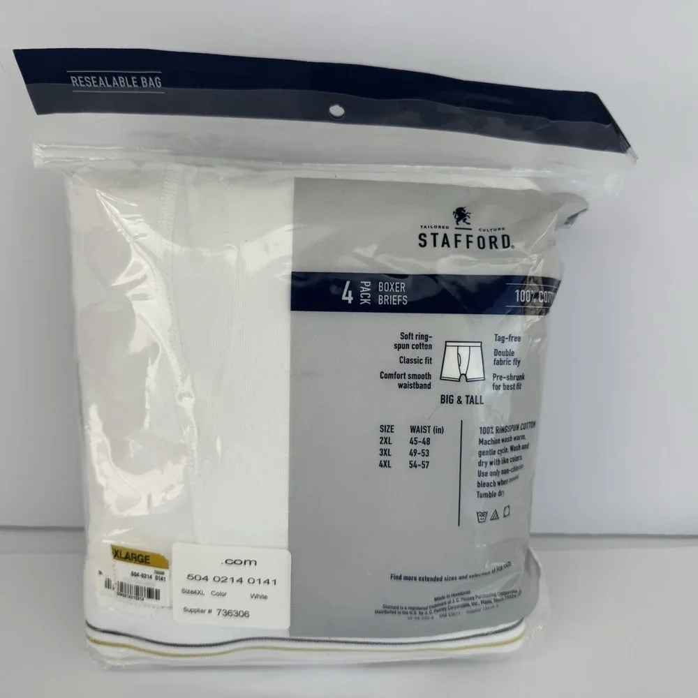 Stafford 4-Pack Men's Big & Tall Cotton‎ Boxer Brief White - BIG